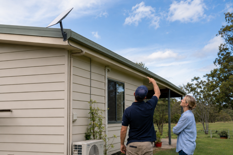 Australian installer comparing Starlink Gen 3 wall mounting and a possible Amazon Leo installation position at a regional home