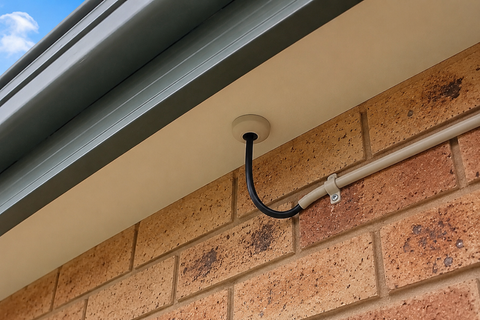 Amazon Leo cable entry with weather-sealed conduit below an eave on an Australian home