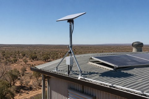 Solar-powered remote satellite internet site in regional Australia with battery cabinet and clear sky access