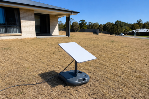 Amazon Leo renter setup on a non-permanent weighted base outside an Australian rental home