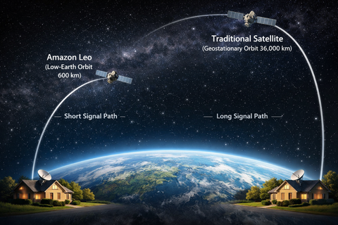 Diagram showing shorter signal path for Amazon Leo low-Earth orbit internet compared with traditional satellite.