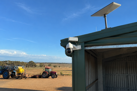 Amazon Leo terminal and shed security camera on rural Australian machinery yard