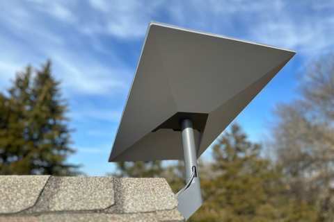 Amazon Leo terminal installed on a secure roof position with open sky exposure and protected cable routing