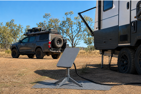 Amazon Leo caravan and 4WD touring setup with stable receiver mount and protected cable route