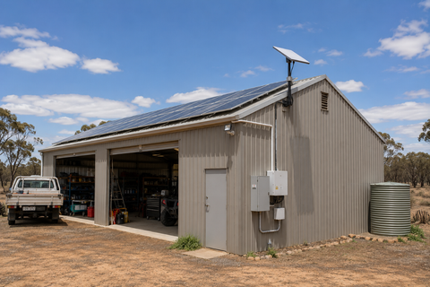 Amazon Leo remote shed installation with off-grid solar power and protected cable entry