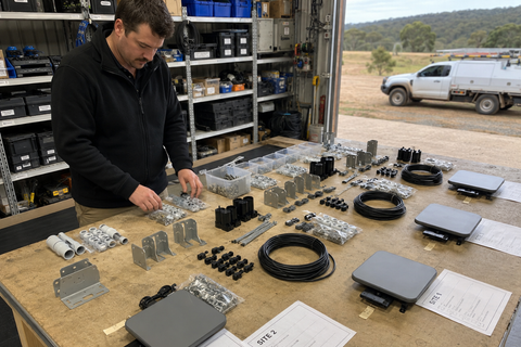 Amazon Leo multi-site deployment kits with mounts cables adaptors and installer checklist
